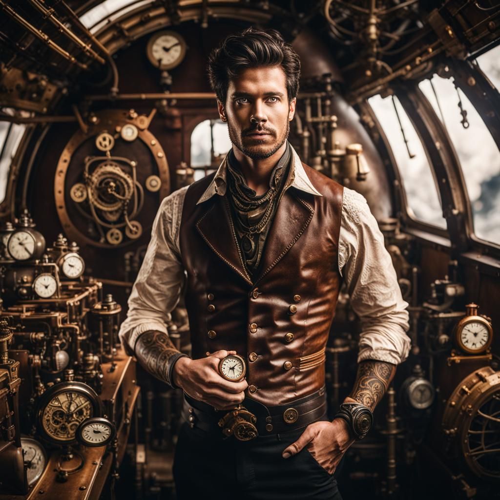 Steampunk Man in Zeppelin with Clocks