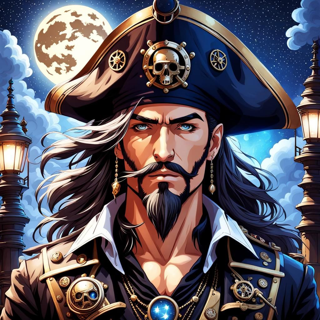 Steampunk Pirate Under Starry Night Sky