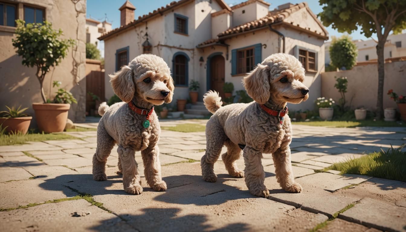Poodle Puppy Plays in Casablanca-Style Yard, 3D Anime Art