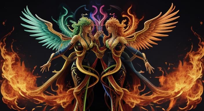 snake entwined archangels pointing surrounding flames multic...