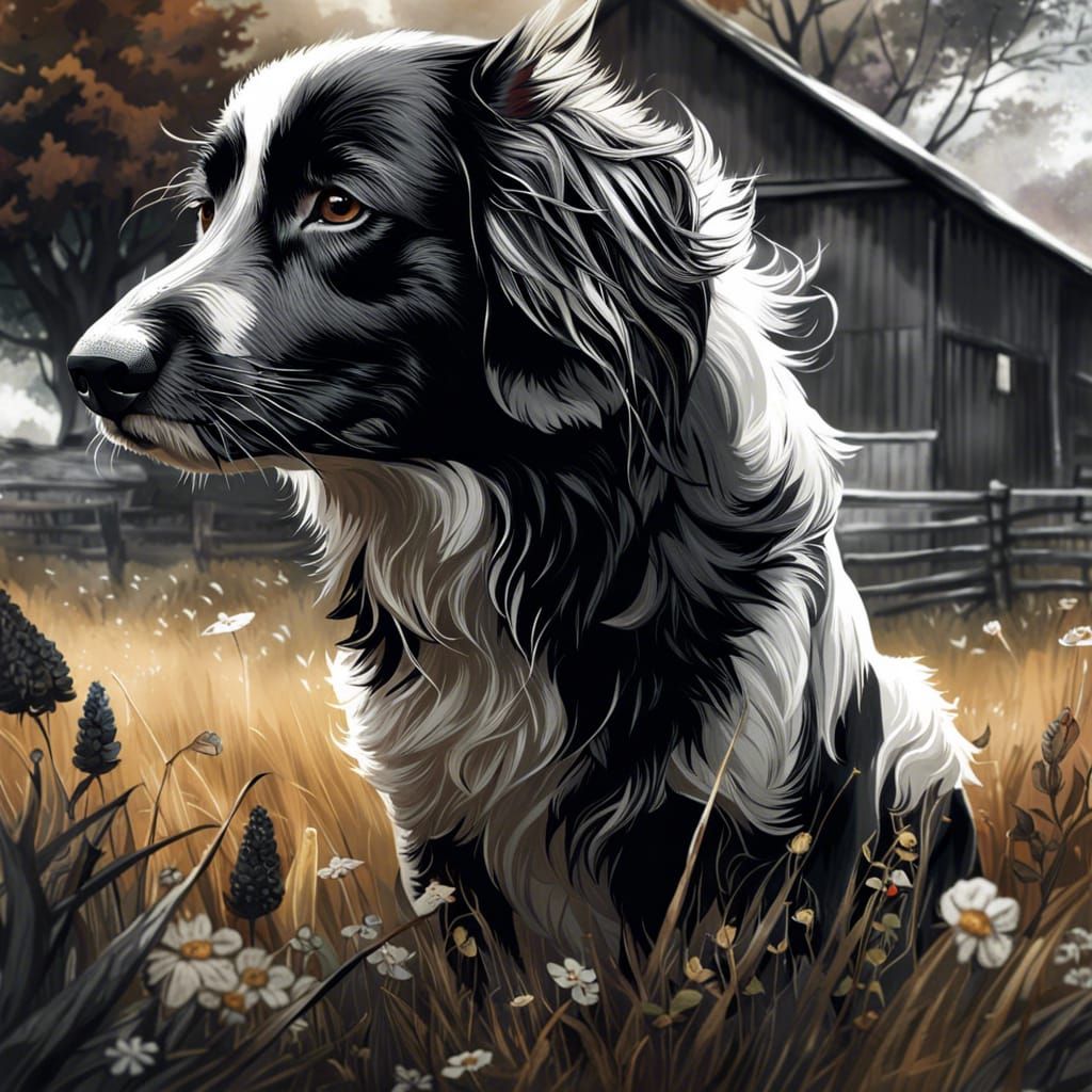 Monochrome Farm Dog: Detailed Digital Art