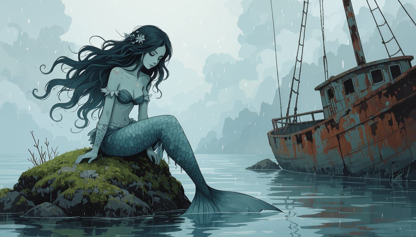 Melancholic Mermaid Near Shipwreck in Dreamlike Style