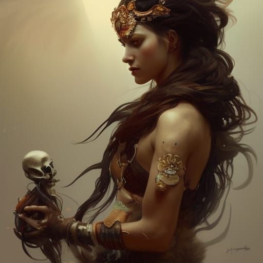 Warrior Woman Portrait with Feathers and Skulls