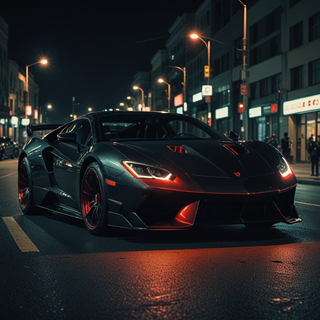 Supercar with Red Headlights at Night - Cinematic Film Still