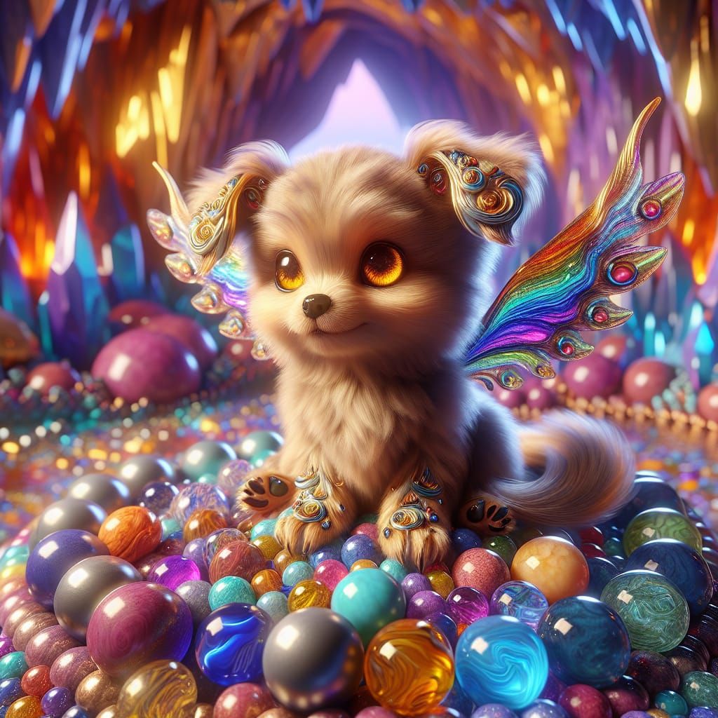 Iridescent Dragon-Puppy on Rainbow Marbles