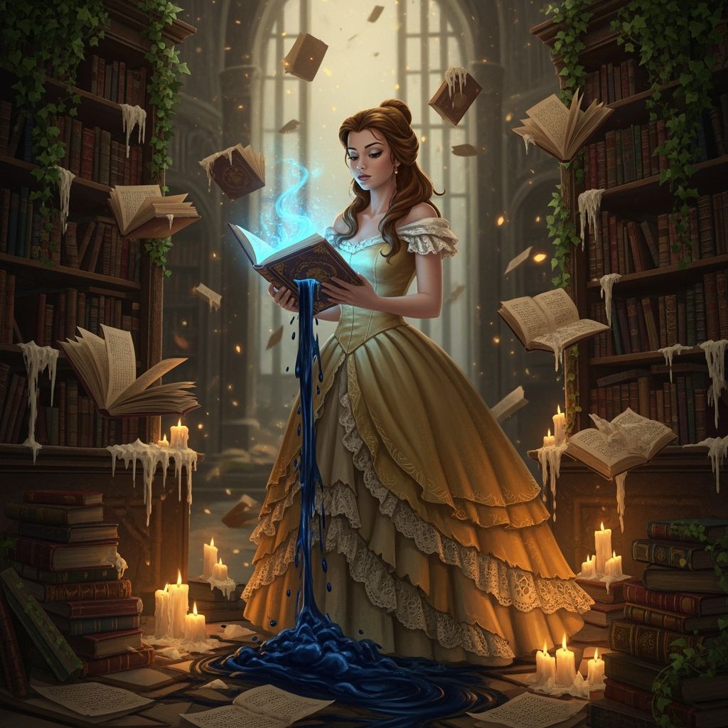 Belle in Ruined Library with Floating Books
