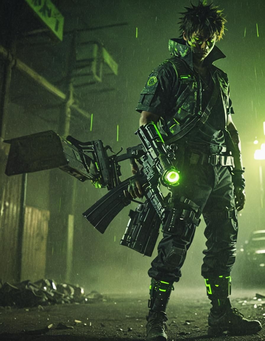 Cybernetic Hunter in Gritty Film Still