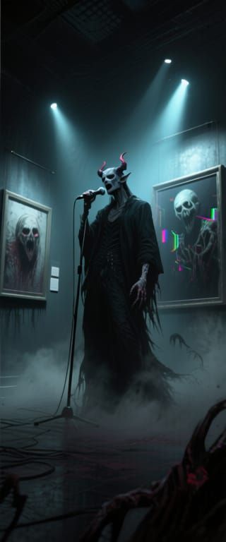 Morbid Singer in Eerie Gallery with Volumetric Lighting