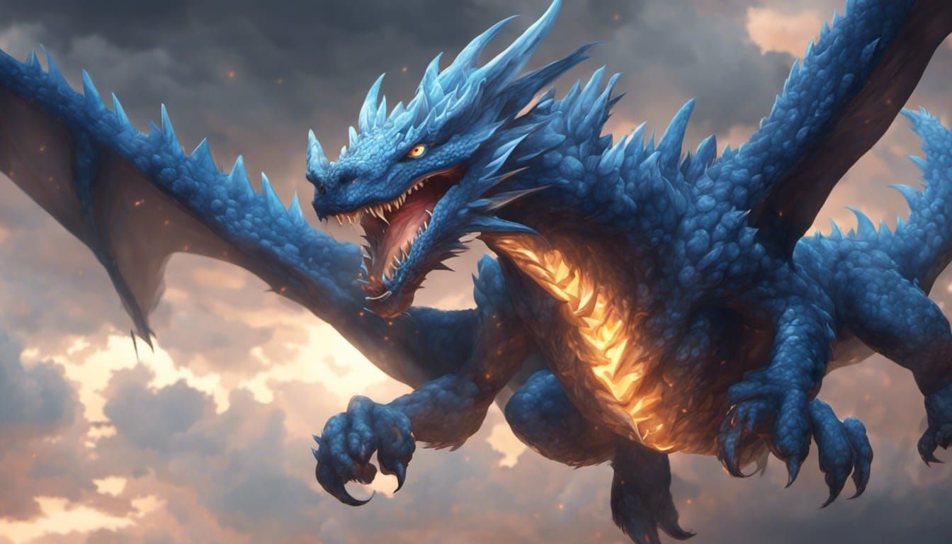 Fierce Tiny Blue Dragon Roaring in a Thunderstorm