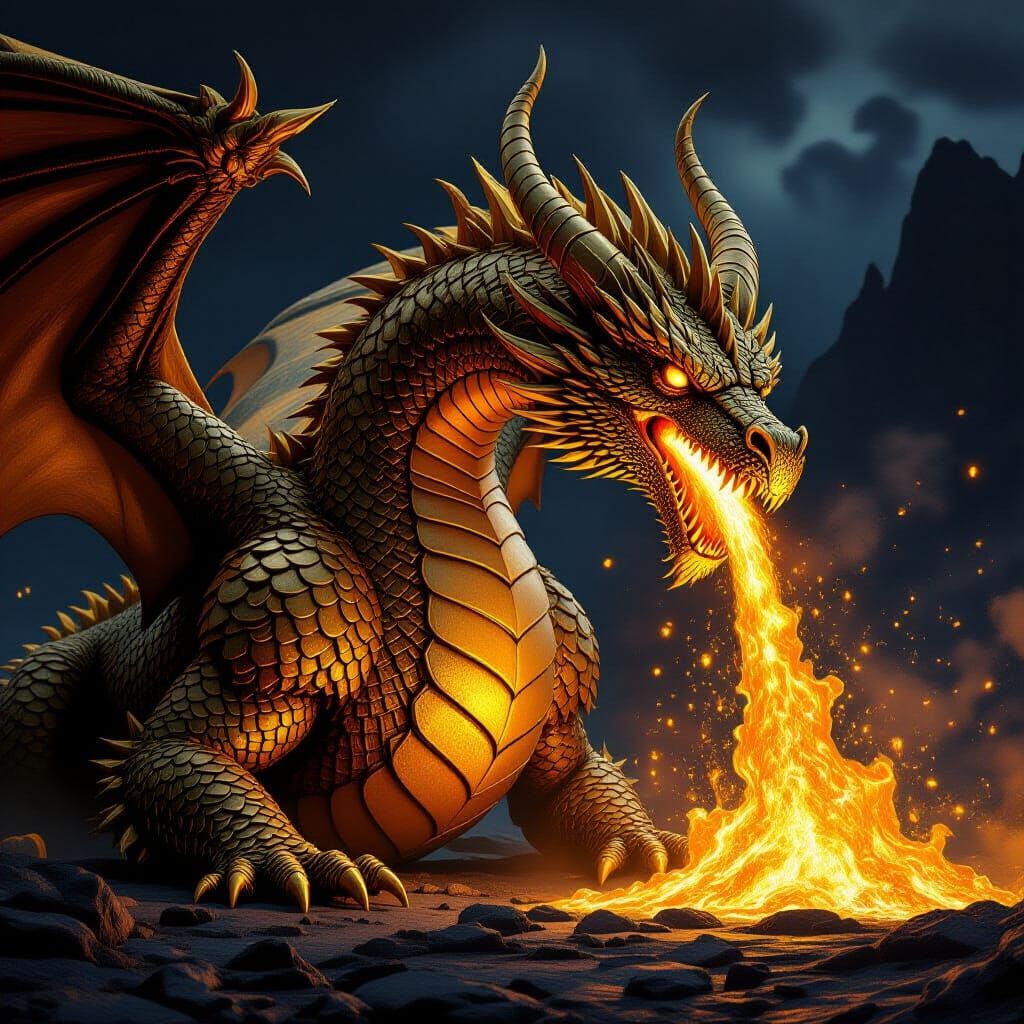 Colossal Gold Dragon Breathing Molten Gold in Norse Landscap...