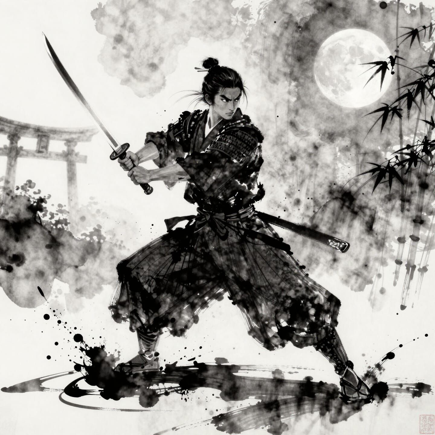 Samurai Mid-Kata in Dynamic Ink Splash Painting