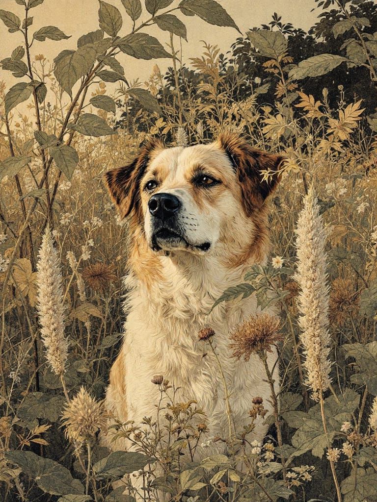 Dog in Sunlit Garden with Cream Plumes