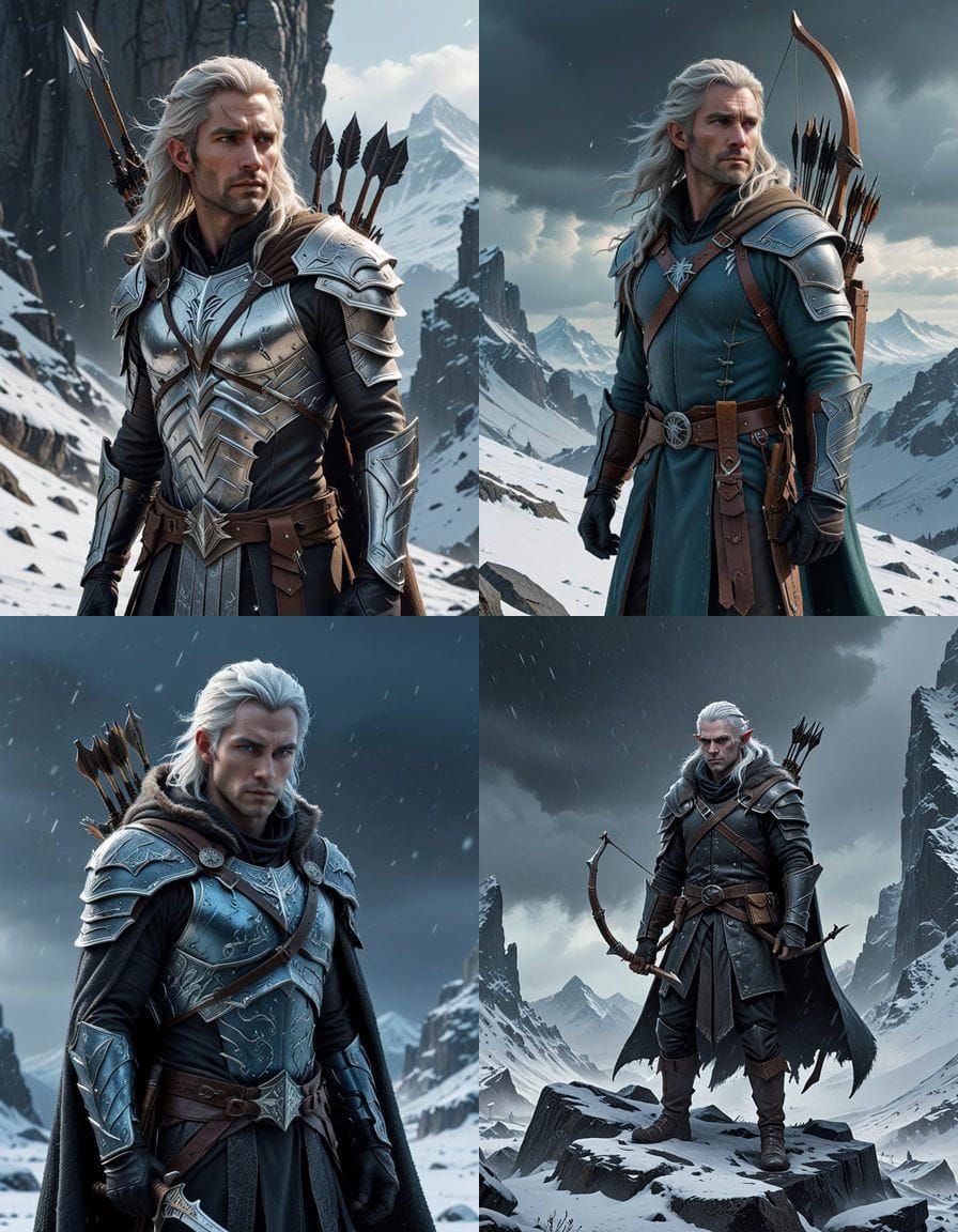 Epic Fantasy Hunter Confronts Elven Queen in Snowy Landscape