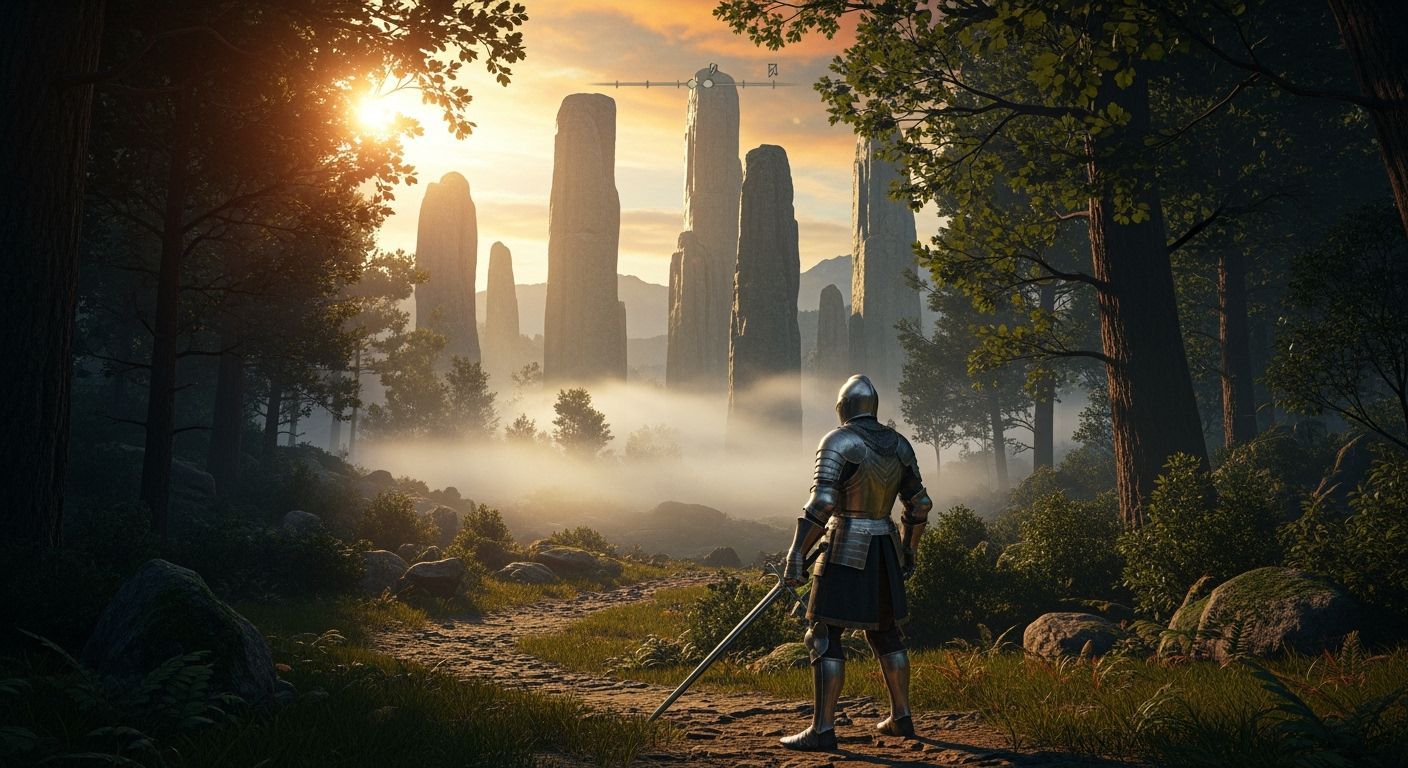 Knight Gazes at Misty Stone Pillars in Golden Sunrise Forest