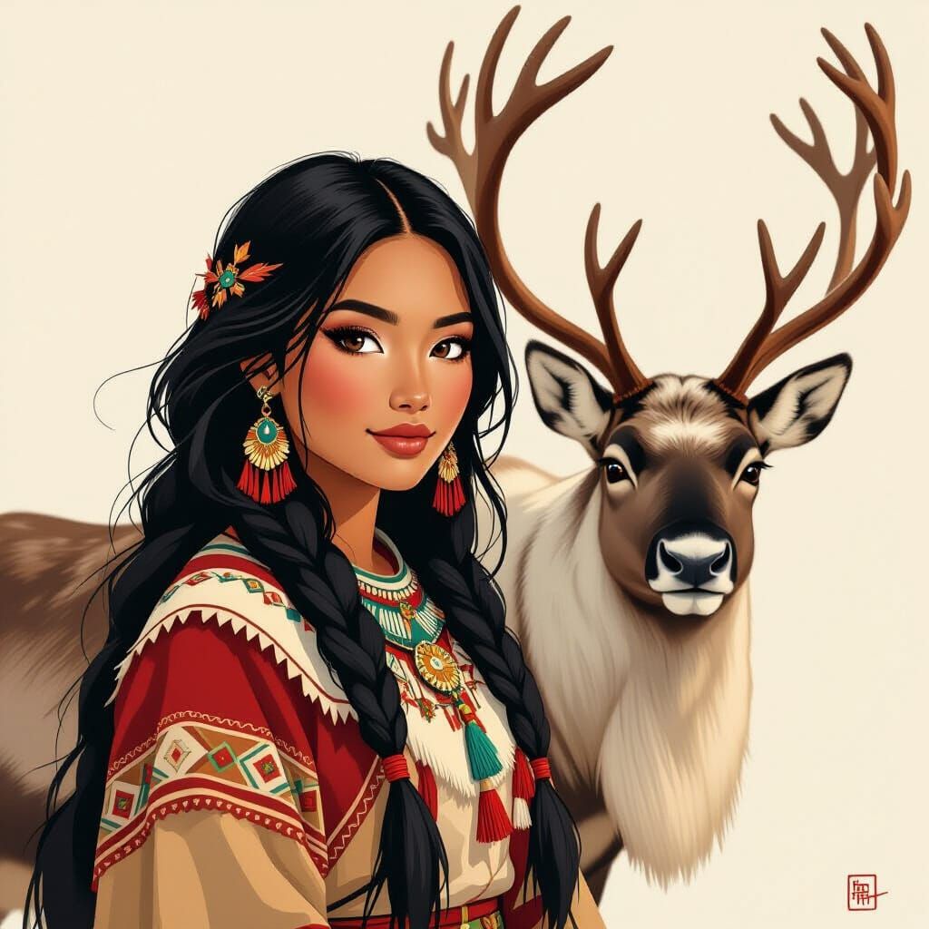 Saami Woman with Reindeer in Folkloric Style