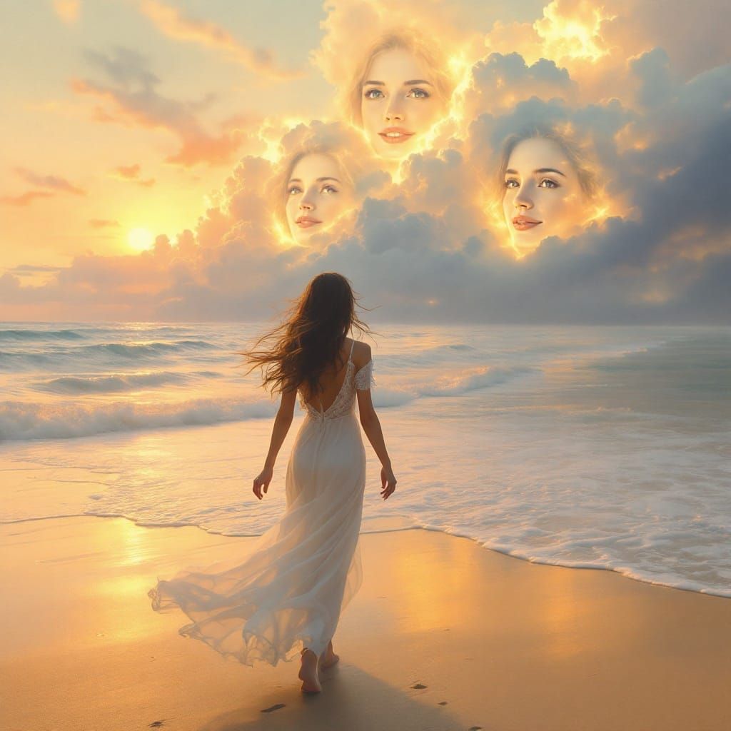 Serene Sunset Beach Scene with Ethereal Clouds