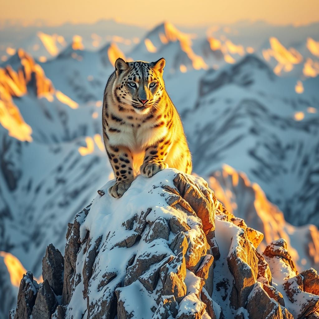 Snow Leopard on Snowy Peak in Hyperrealistic Style