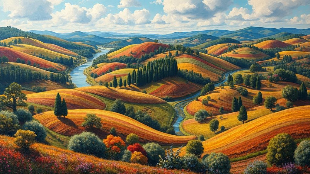 Vibrant Dreamlike Landscape with Rolling Hills