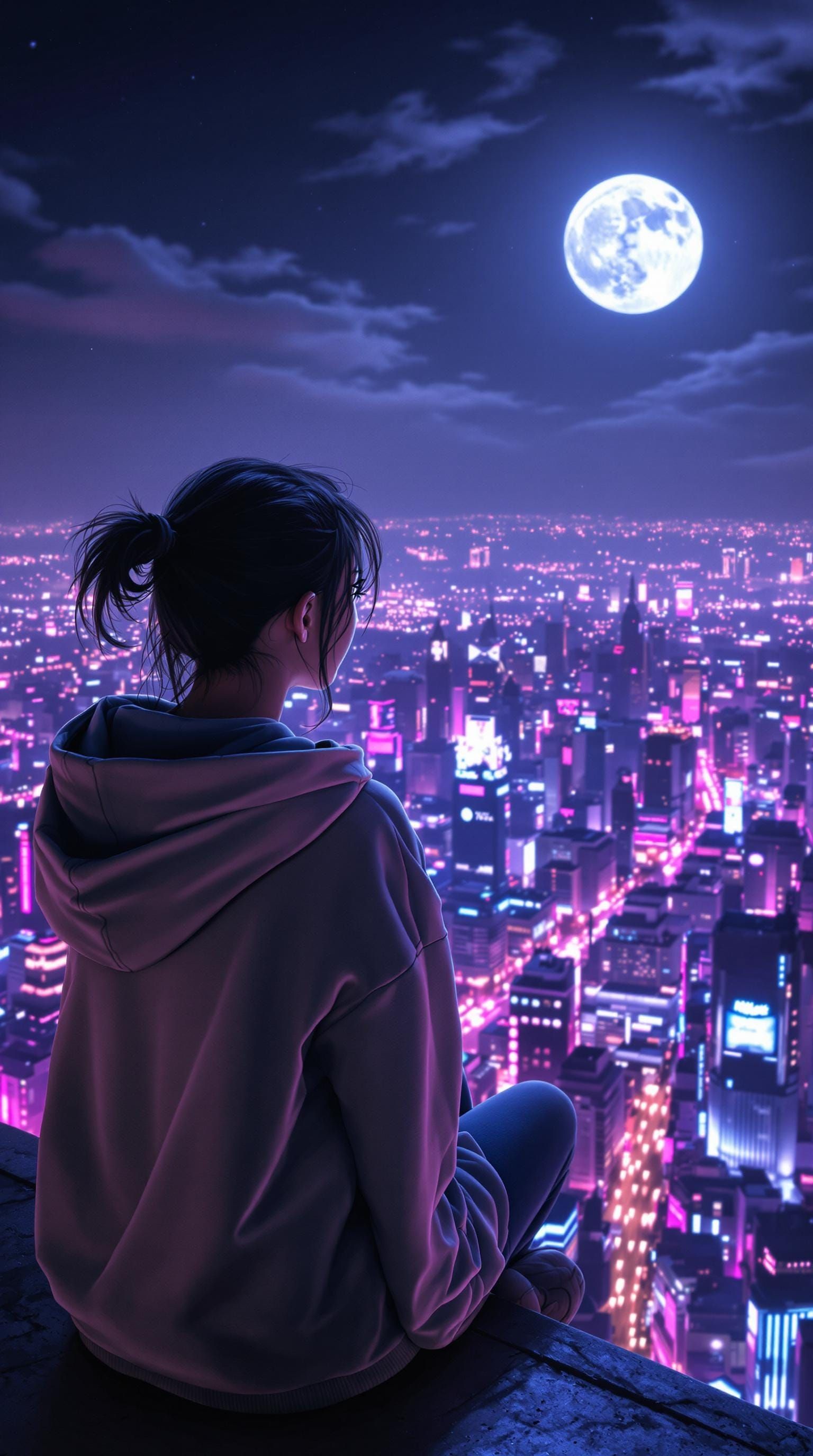 Young Woman on Skyscraper Edge at Night in Neon Tokyo