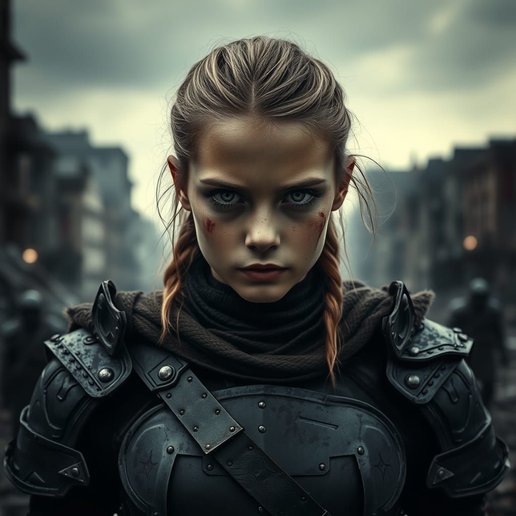 Female Warrior Portrait in Dark Armor