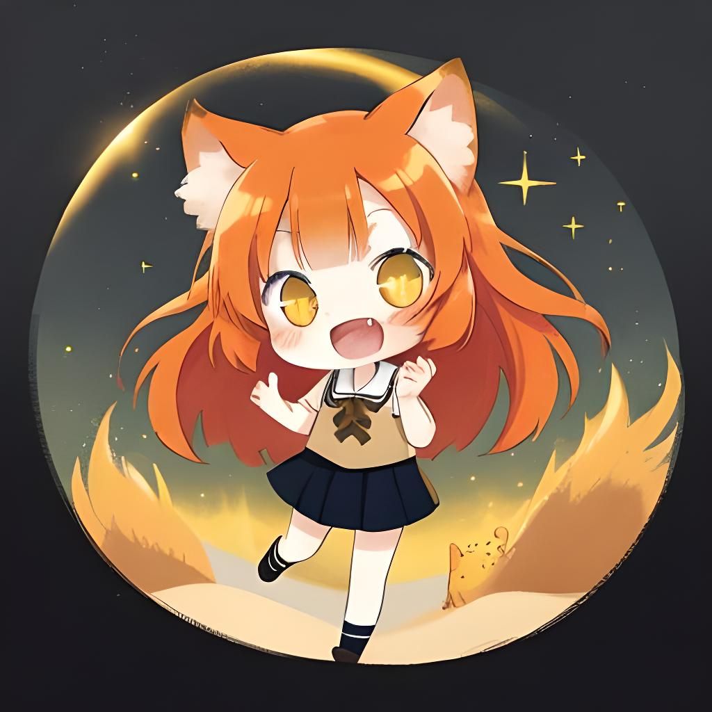 Adorable Chibi Catgirl on a Night Beach in Anime Style