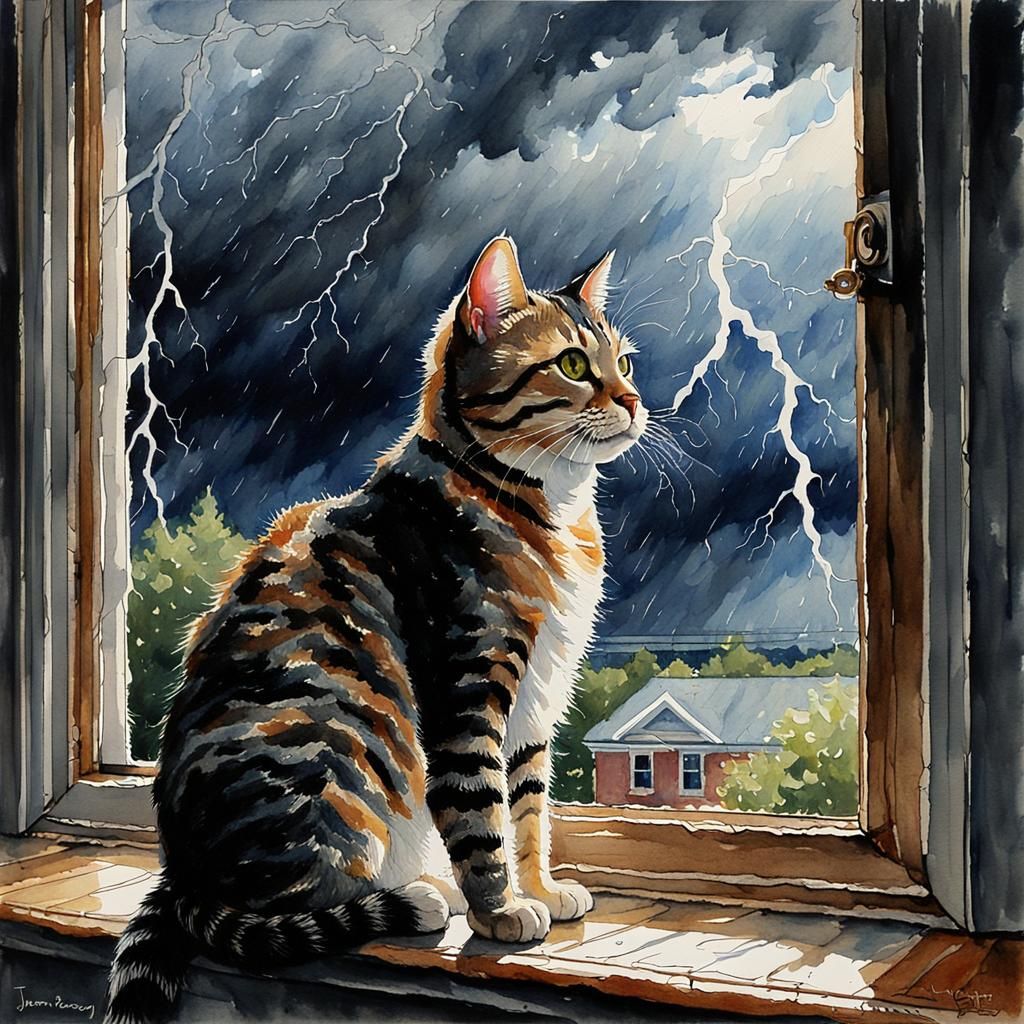 Tabby Cat in Watercolor During Thunderstorm