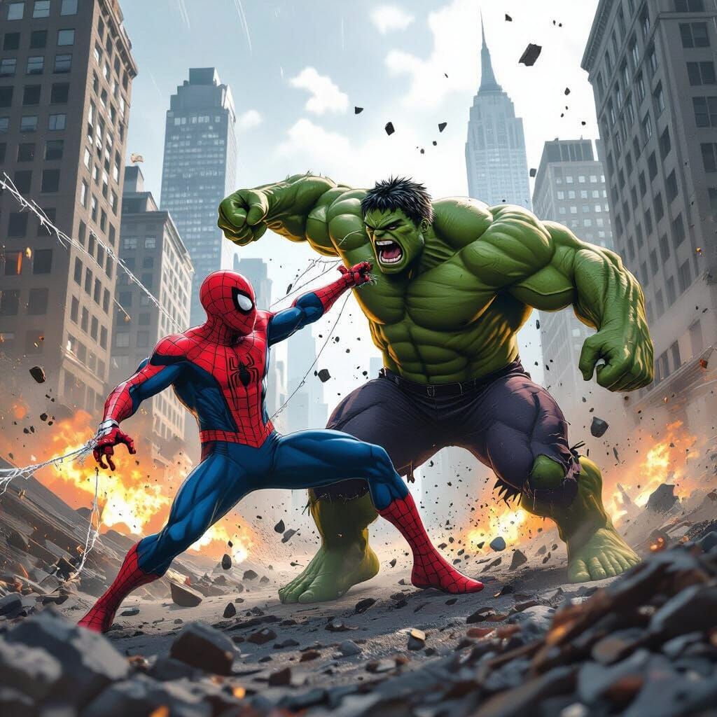 Spiderman & Hulk Battle in Destroyed City