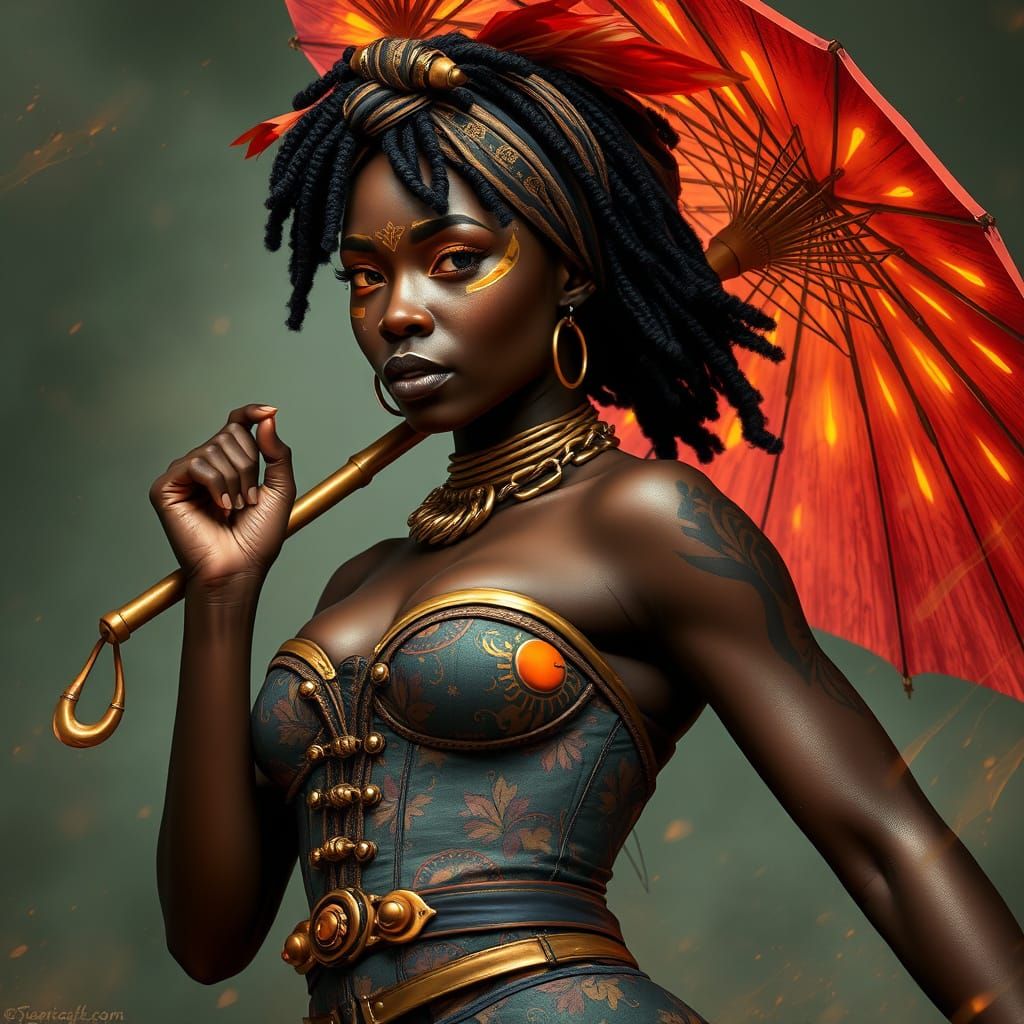 Ebony Goddess in Ankara-Print Corset and Tribal Tattoos