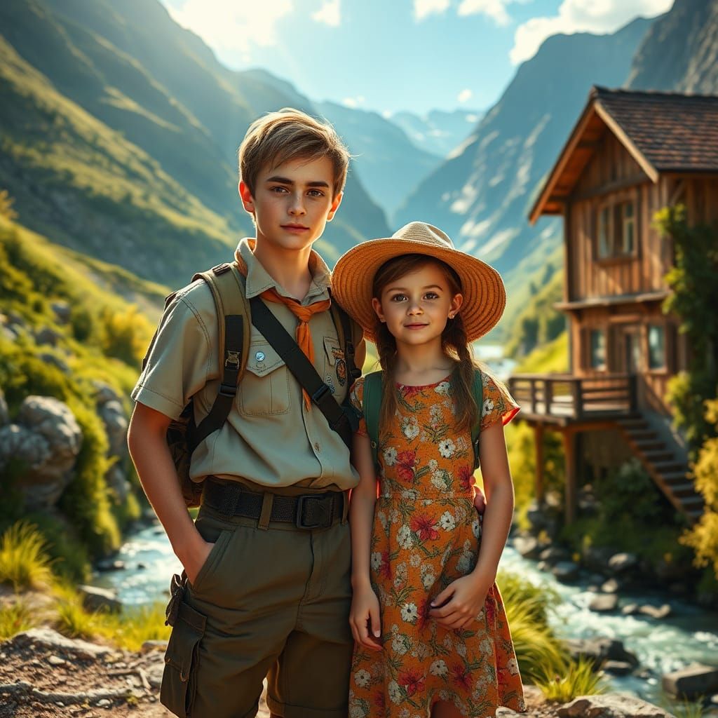 Boy Scout and Girl in Mountain Landscape, Hyperrealism