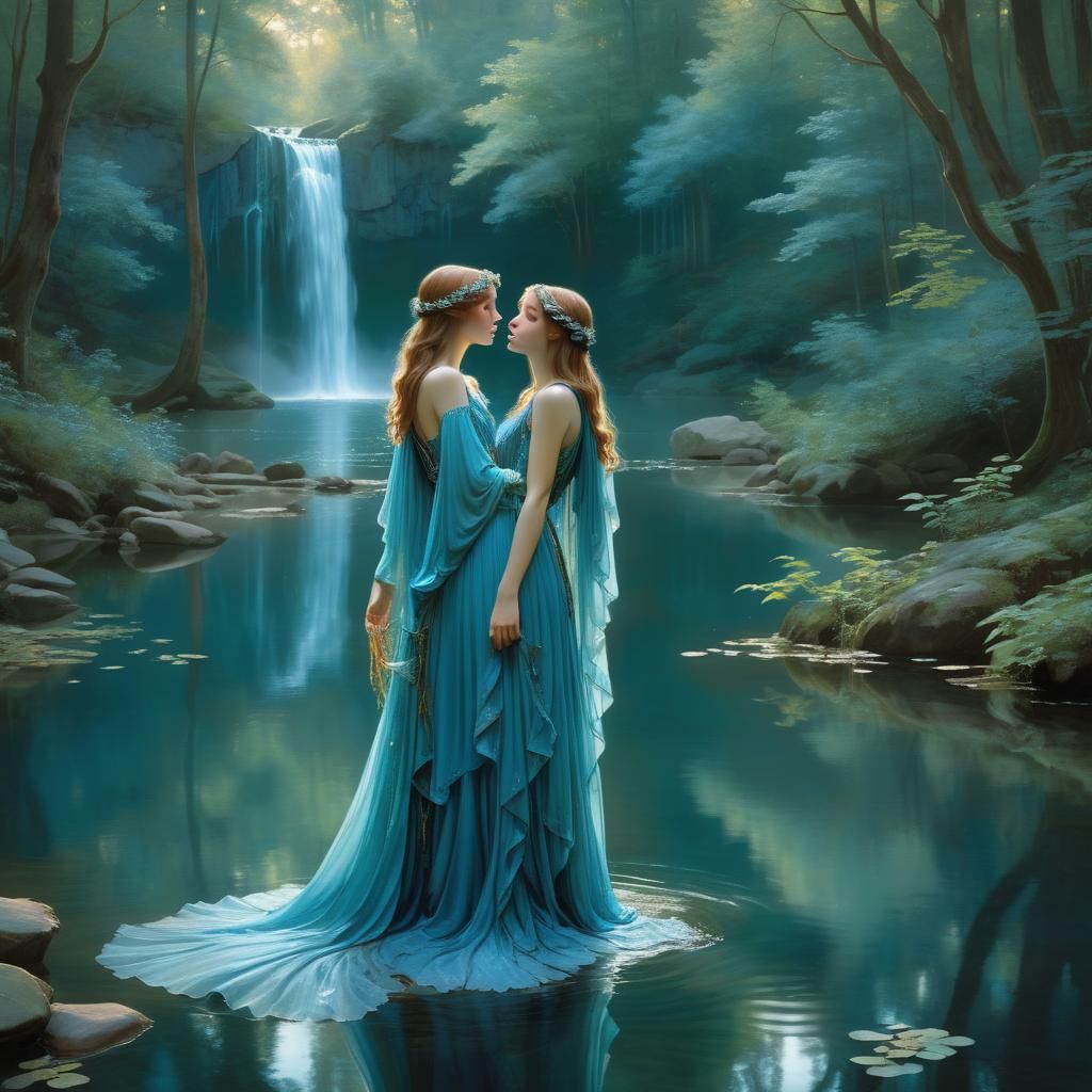 Ethereal Woman at Lakeside Waterfall, Mystical Illustration