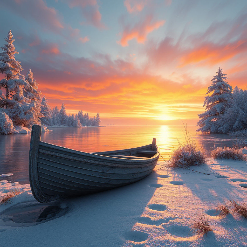 Frozen Lake Sunset: Majestic Boat in Winter