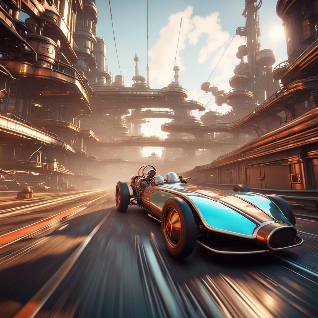 Steampunk Race Cars in Neo Retro-Futurism Style