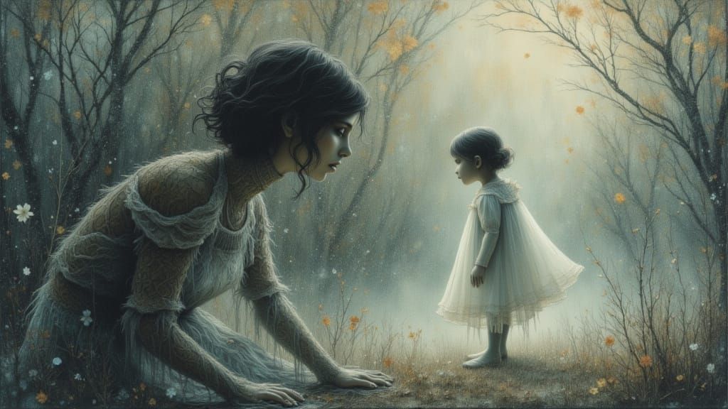 Ghostly Child Whispers in Ethereal Mist, Dark Academia Water...