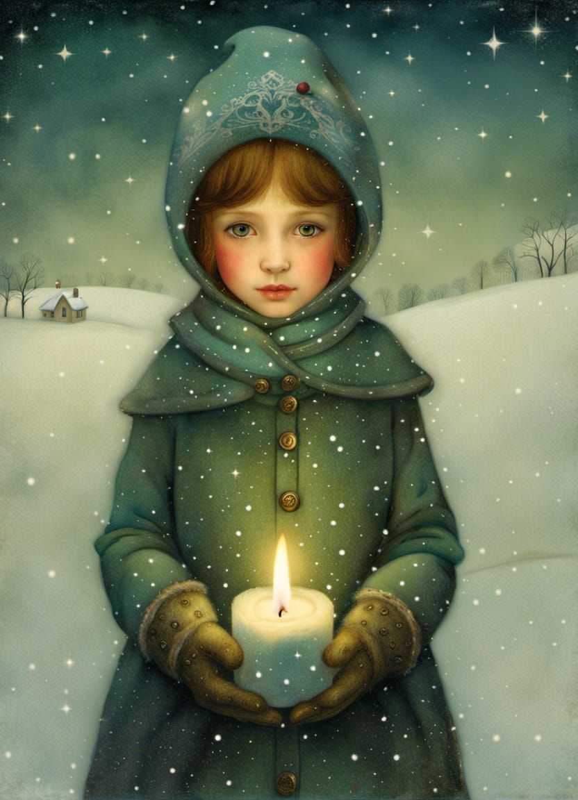 Girl with Candle in Snow, Surreal Folk Art