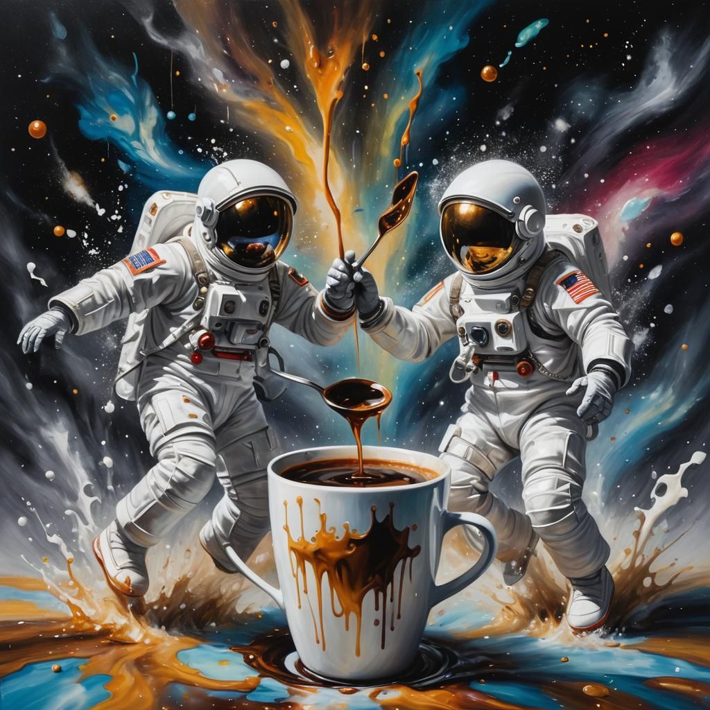 Astronauts Above Coffee in Surreal Oil Painting