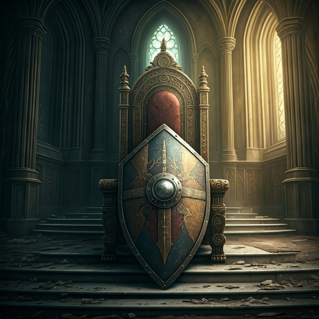 Medieval Fantasy Shield Lies at the Feet of a Forgotten Thro...
