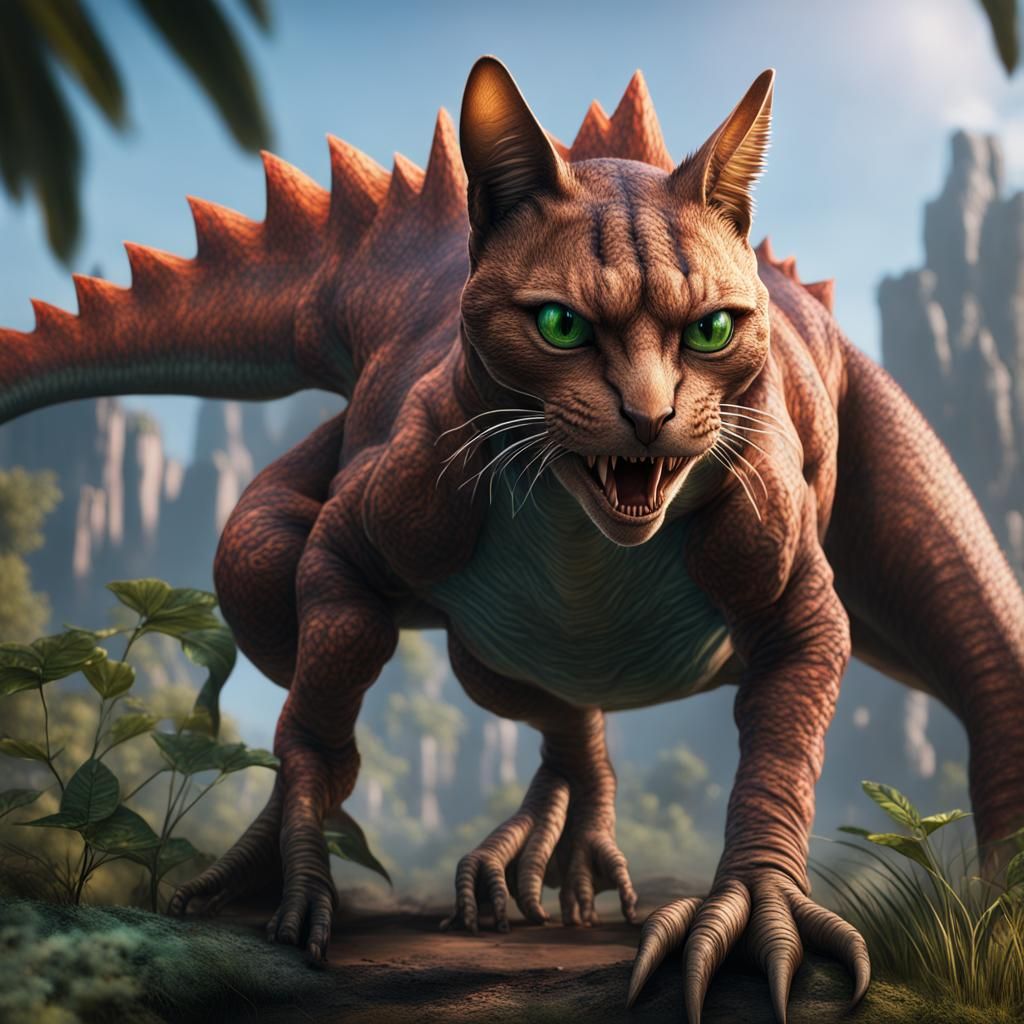 Dinosaur Cat Hybrid: Detailed Matte Painting