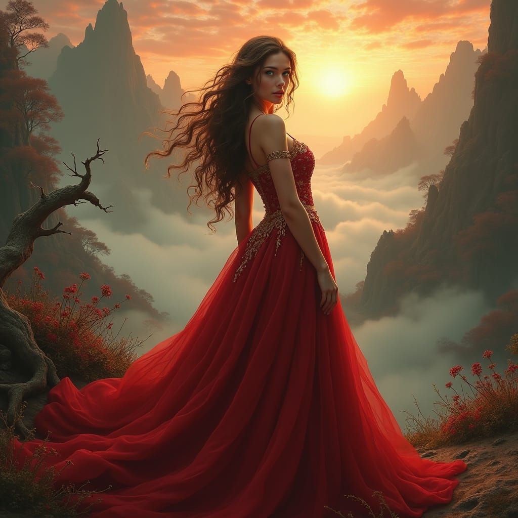 Fantasy Woman in Red Gown, Matte Painting Style