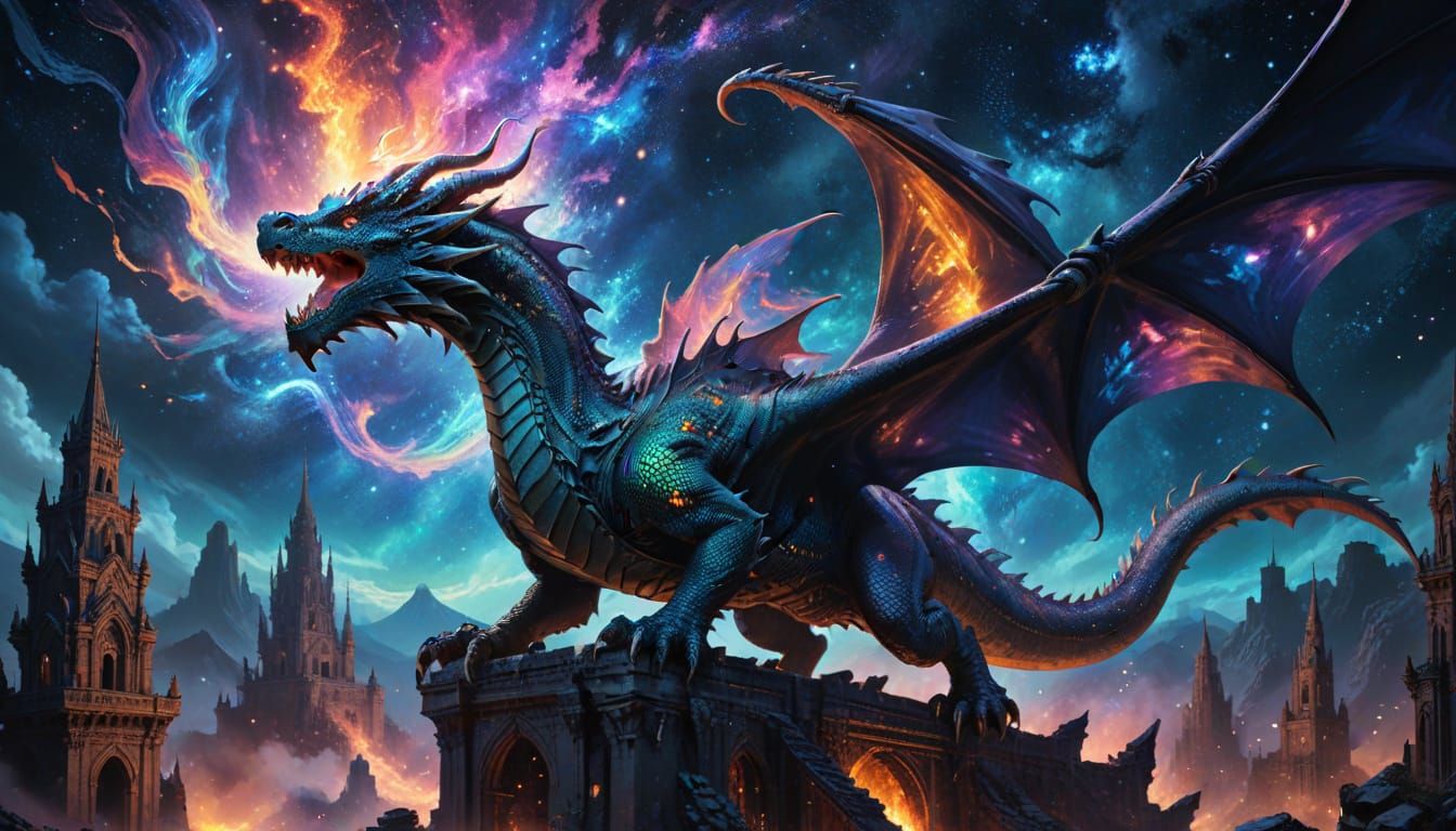 Ethereal Dragon Over Gothic City in Cosmic Sky