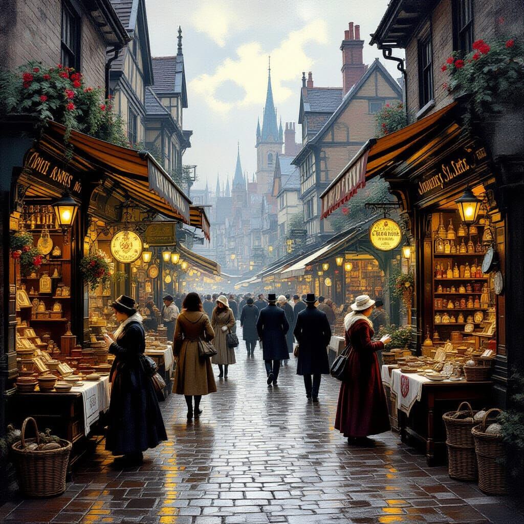 Bustling Victorian Marketplace Oil Painting with Chiaroscuro
