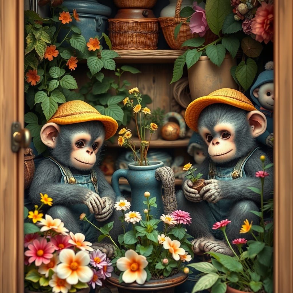 Fluffy Monkeys Gardening in a Cozy Closet