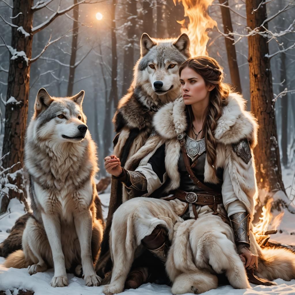 Nordic Warrior Woman in Fiery Splendor with Majestic Wolf