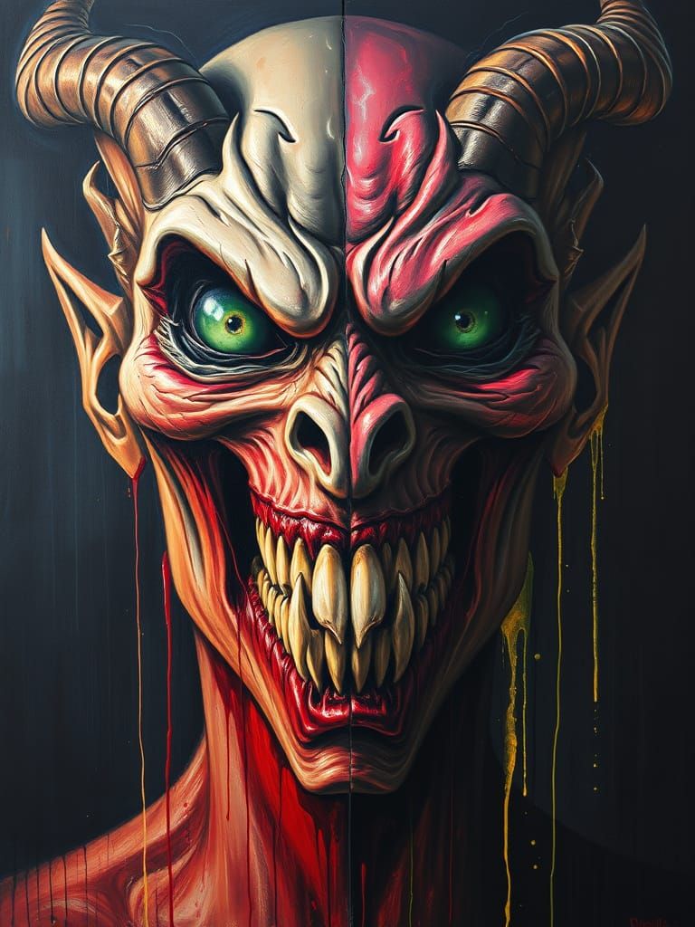 Grotesque Demon Face in Twisted Surreal Oil Painting