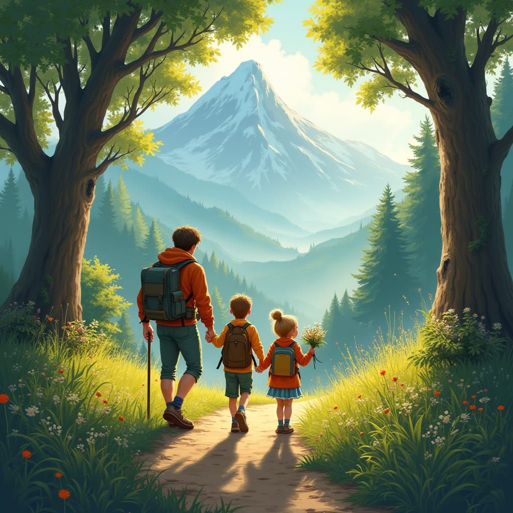 Family Hiking Through Mystical Forest