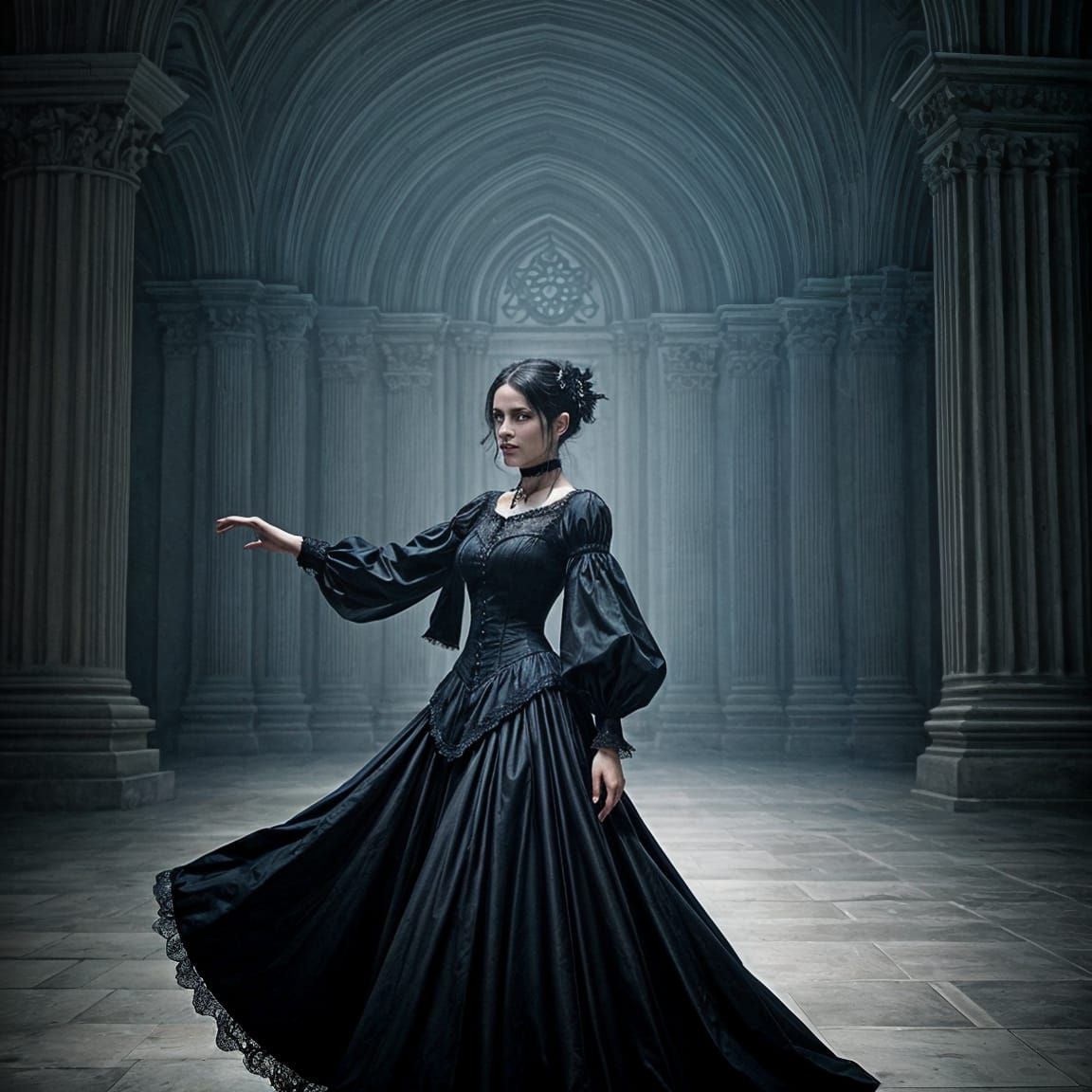 Gothic Woman Dances in Haunted Ballroom