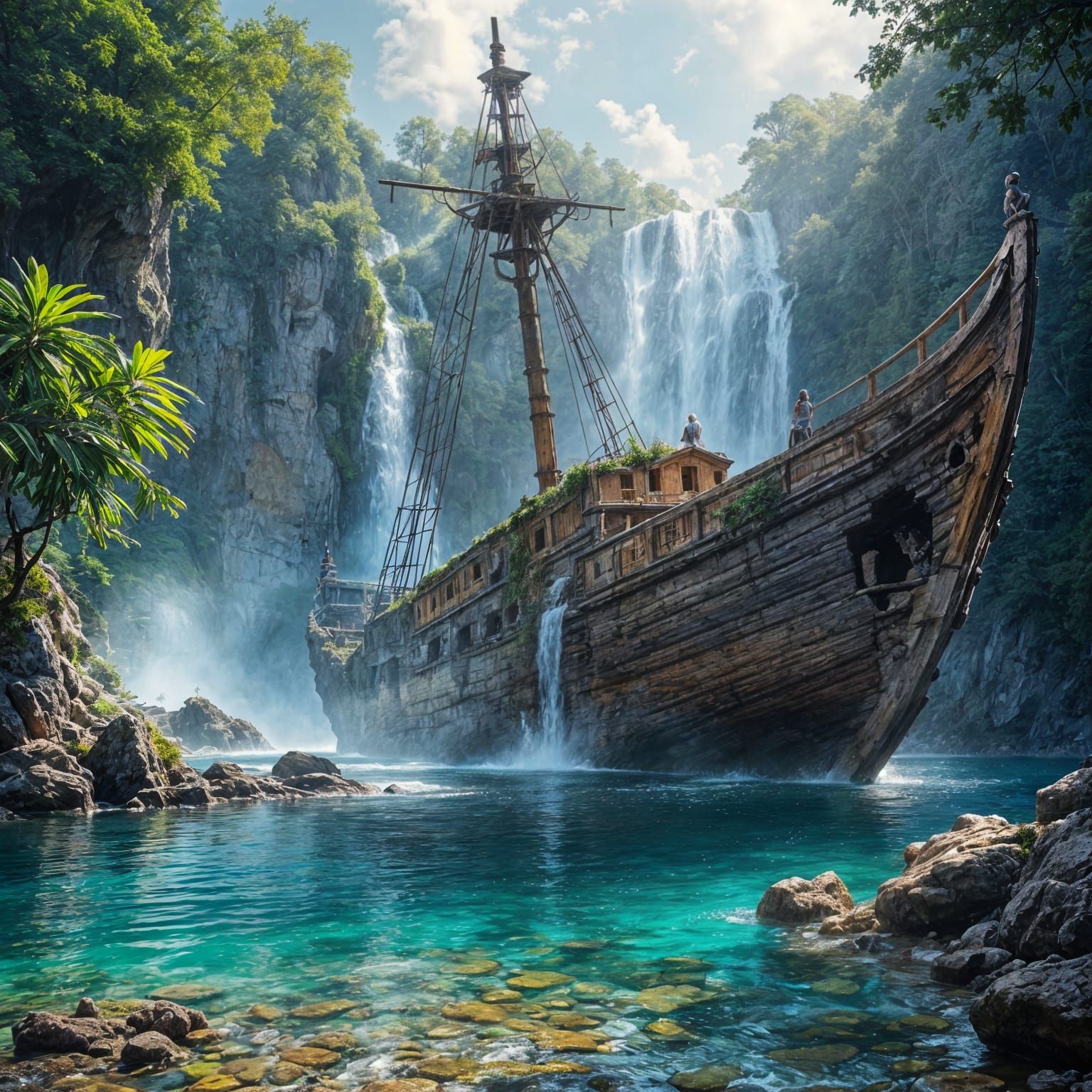 Majestic Shipwreck Beside Heavenly Waterfall
