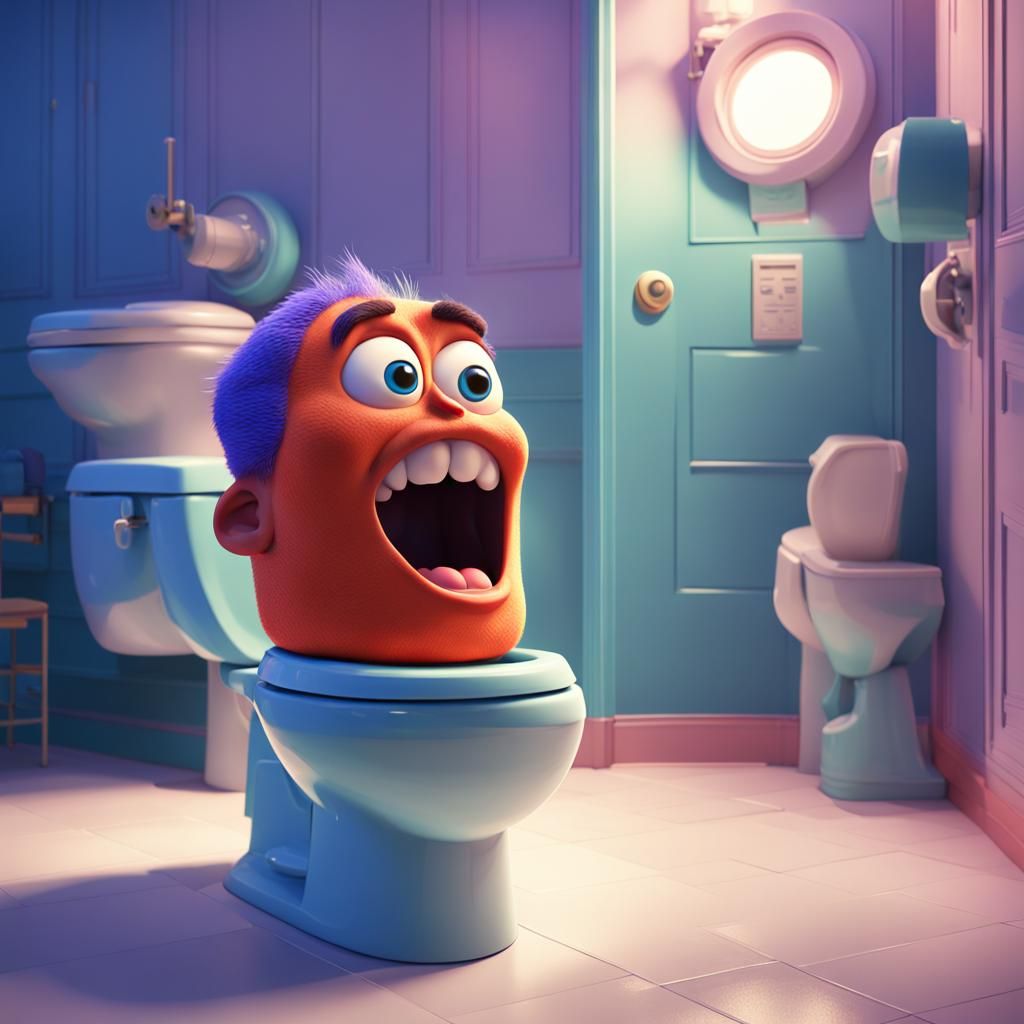 Cartoon Head Emerges from Toilet: Pixar Style