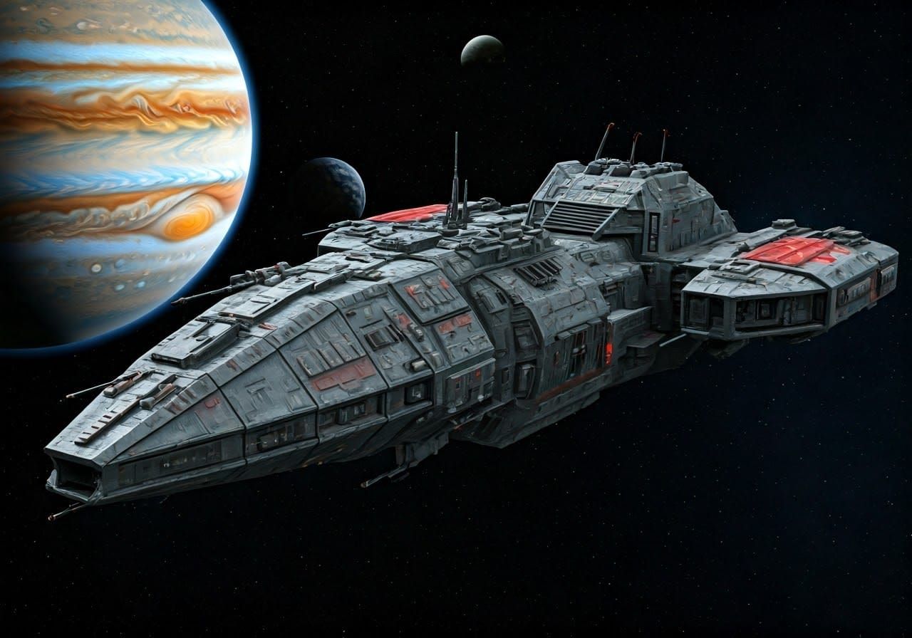 Rugged Babylon 5 Style Terrain Spaceship with Jupiter in the...