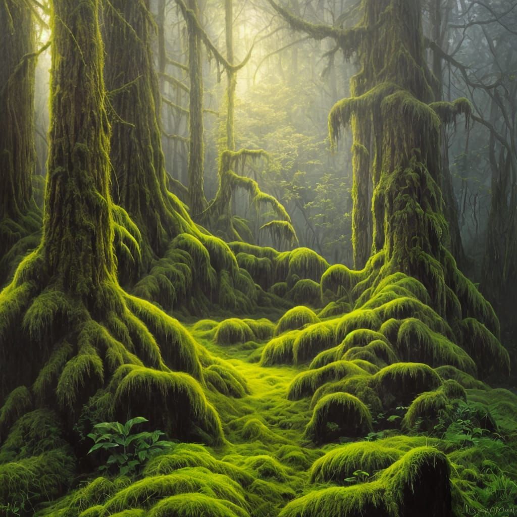 Dark Castle in Ancient Evergreen Forest as Oil Painting