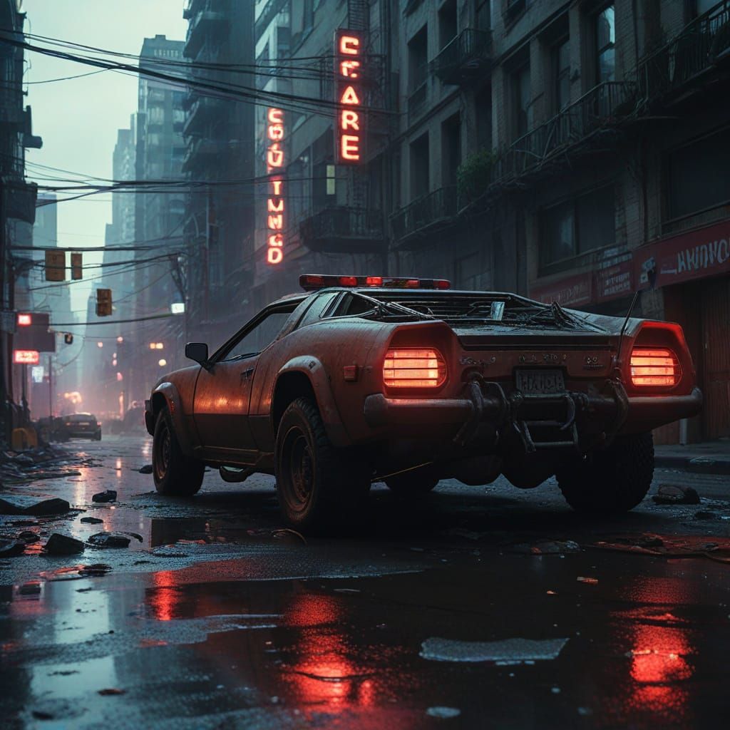 Cyberpunk Armoured Car Plunges into Dystopian Earthquake